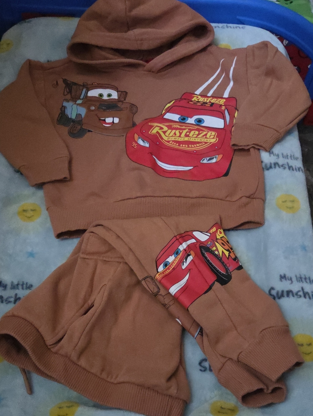 Disney Kids Matching Hoodie Set in Brown with Red Cars Graphic